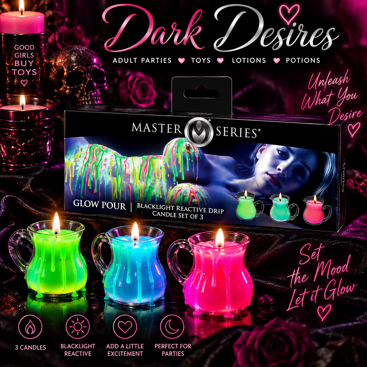 Master Series Glow Pour – Blacklight Reactive Drip Candles, Set of 3